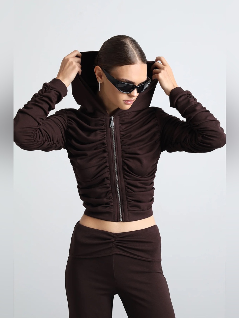 NWT Carella Chocolate Brown Ruched Velour Cropped Zip-Up Hoodie - Size Large
